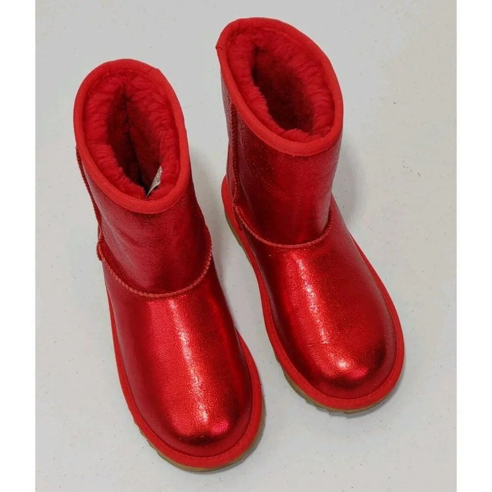 UGG Classic II Red Metallic Sparkle Leather Winter Boots Kids Size 3